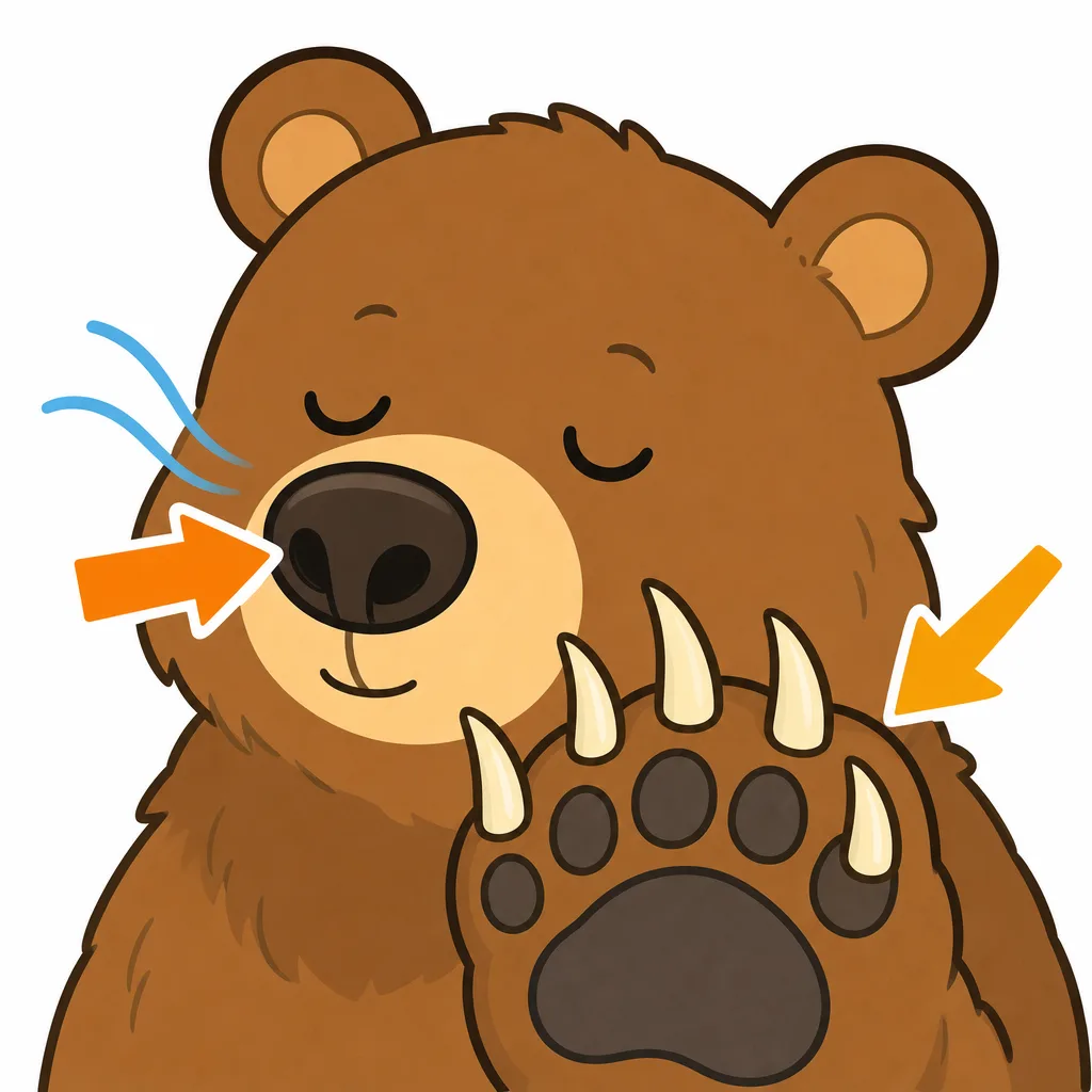 クマの 体のつくり。大きな 前足とするどい 爪、よくきく 鼻。