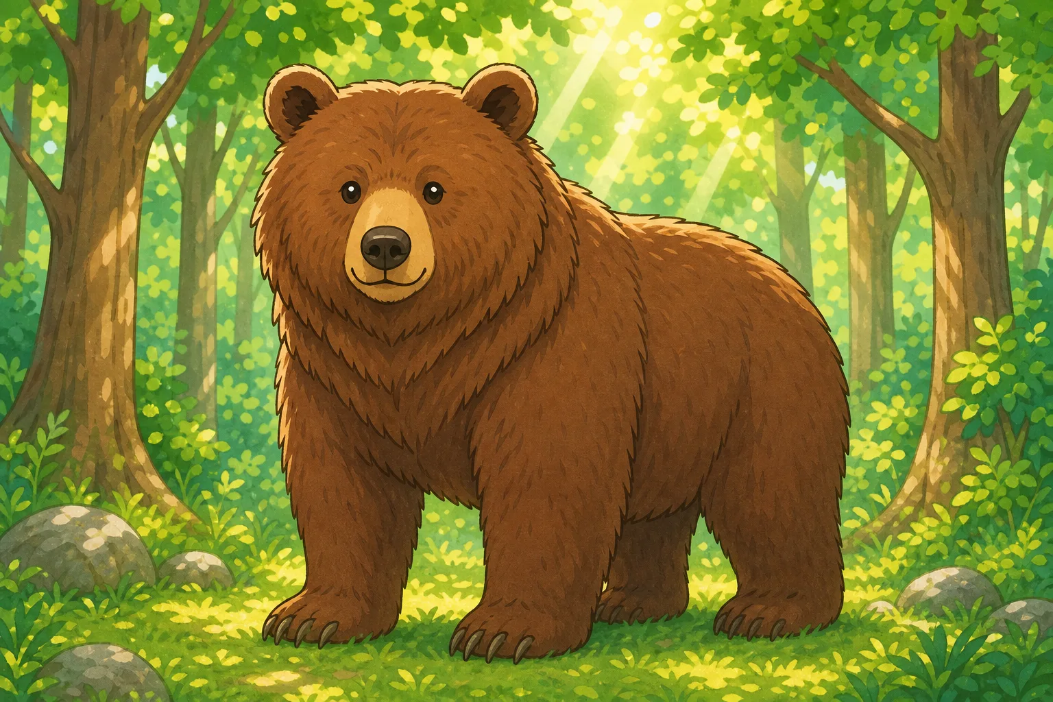 森の 中にいる、大きな 体のクマ。