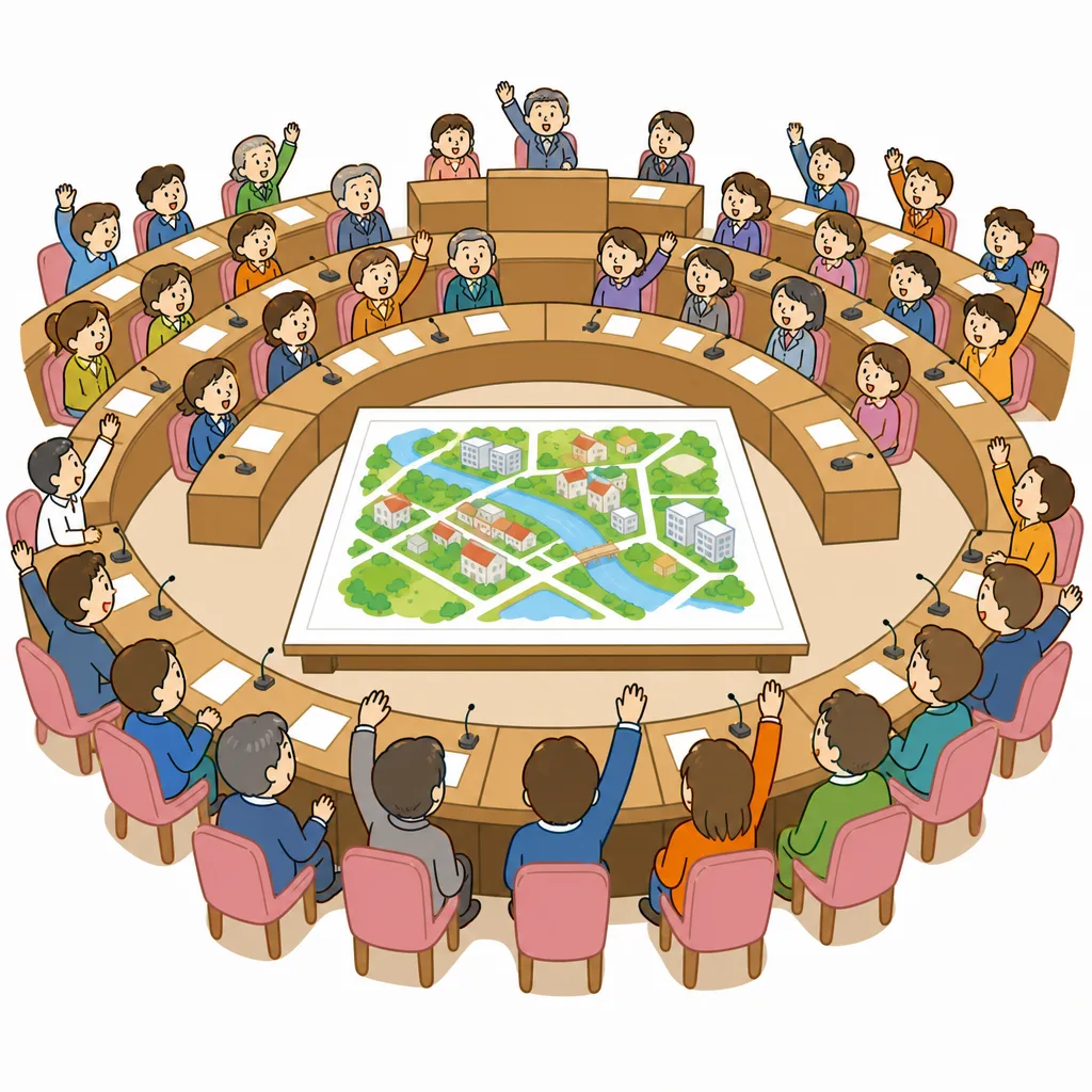 国会で 予算の 案を くわしく 話し合う ステップ。