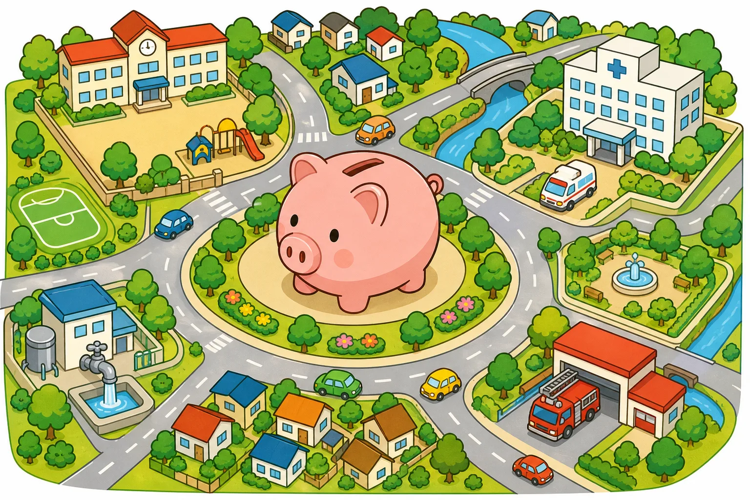 国のお金「予算」は、学校や 道路など くらしを ささえます。