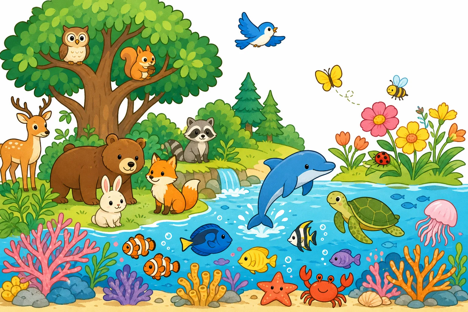 海や森では、たくさんの生き物がたがいに関わり合ってくらしています。