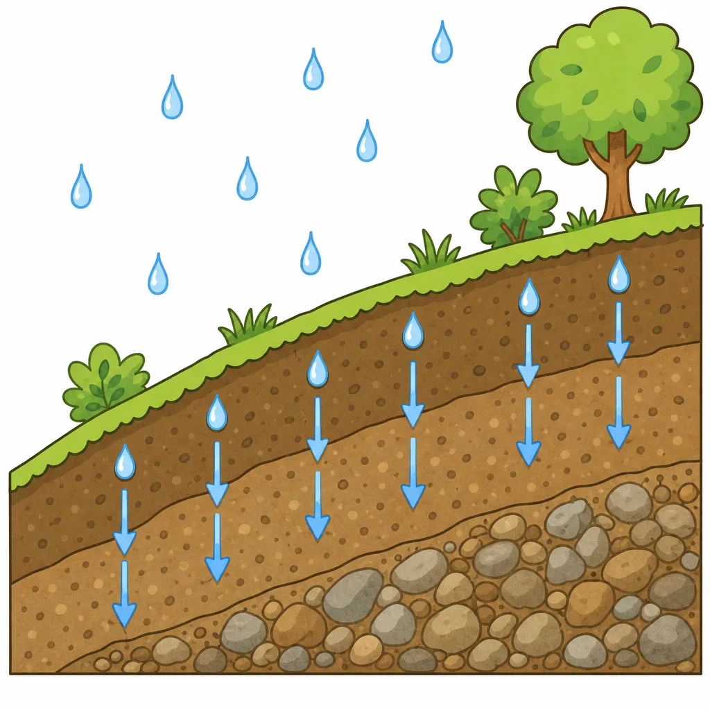 雨水が 土の 中へ しみこんでいく ようす。