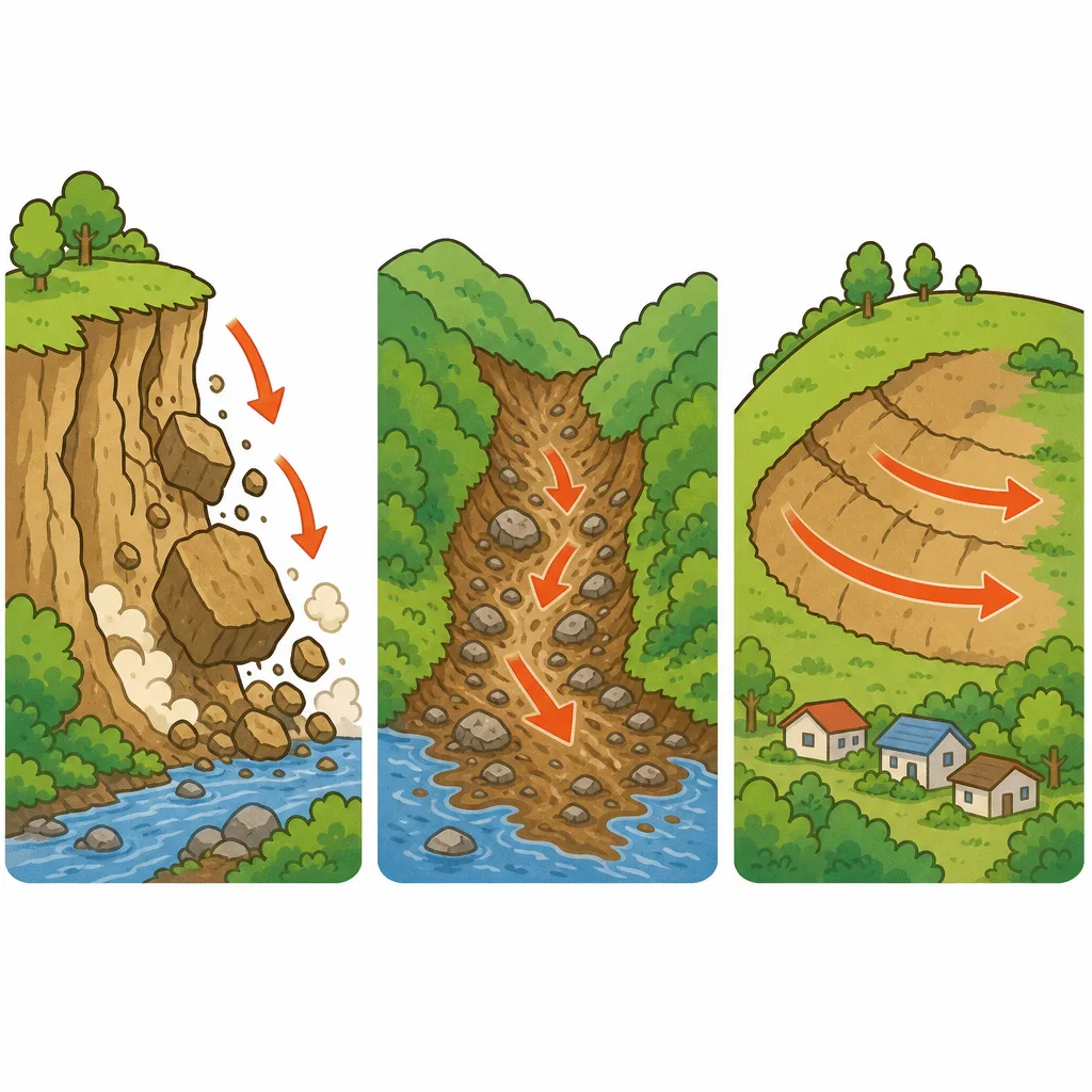 がけくずれ・土石流・地すべりの 3つの タイプ。
