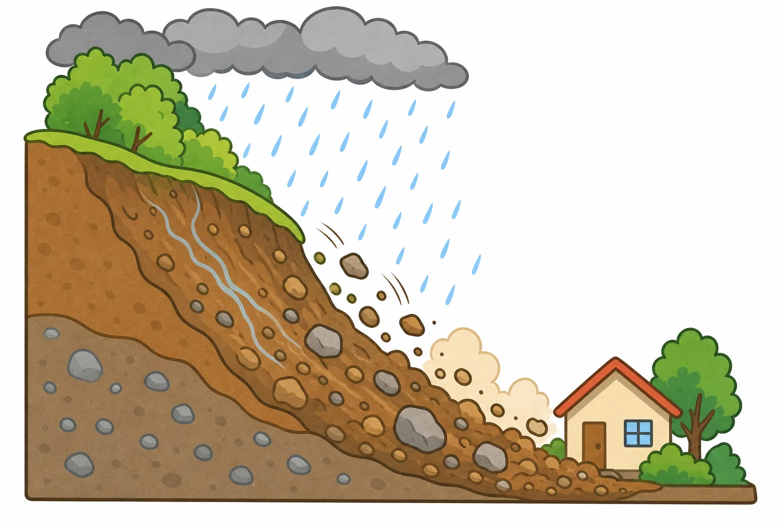 大雨によって 山の しゃめんが くずれる ようす。