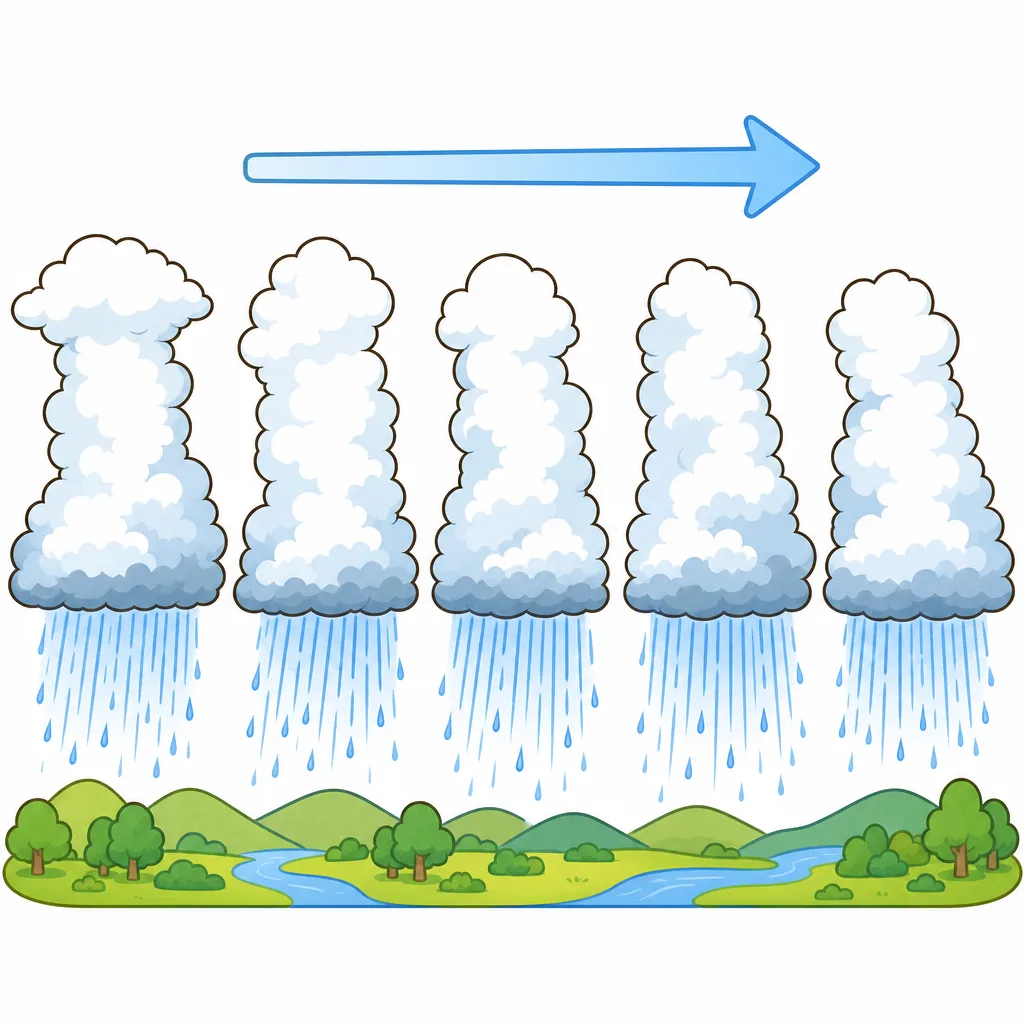 積乱雲が列になって並び、同じ場所に雨をふらせます。