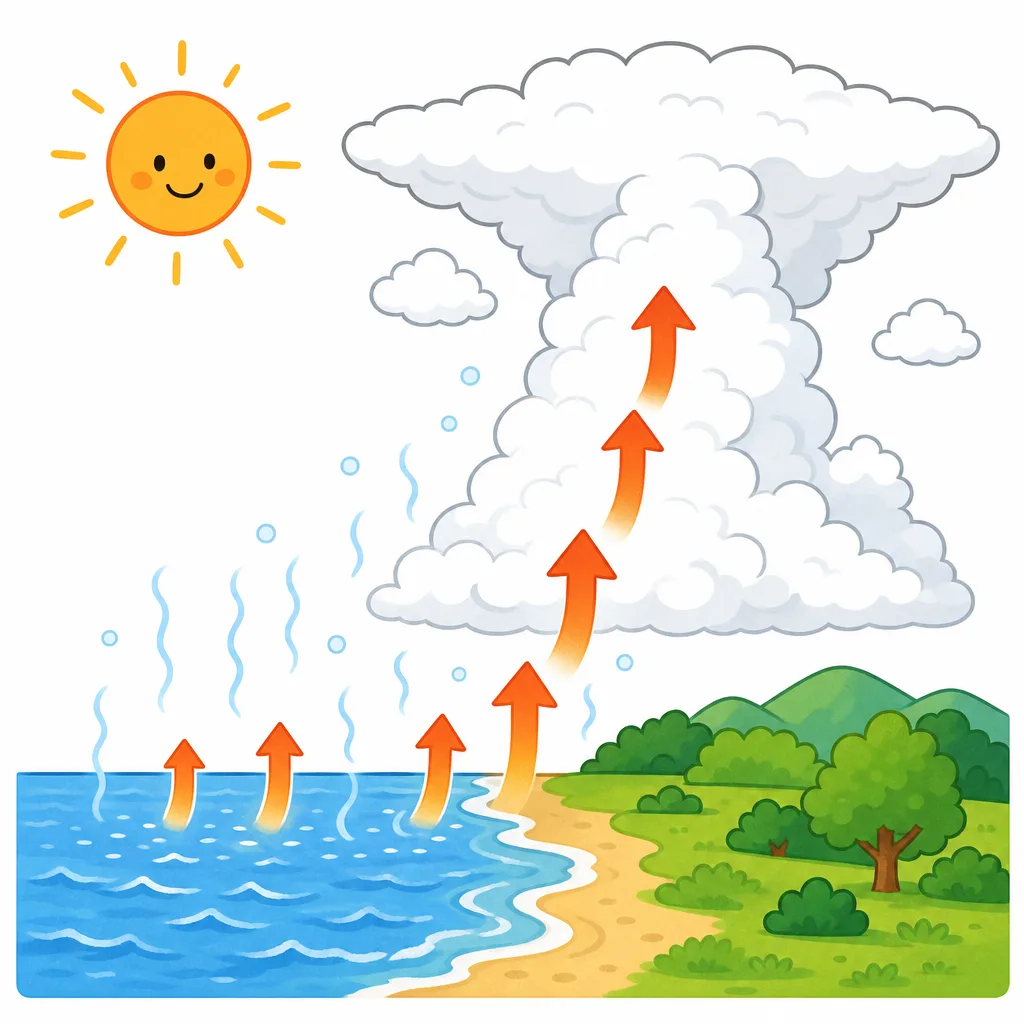 あたたかく湿った空気がのぼって積乱雲になります。