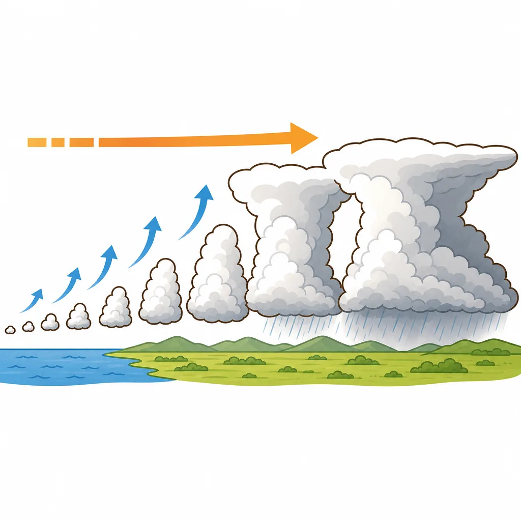 雲が横へ流れ、風上で次の雲が生まれます。