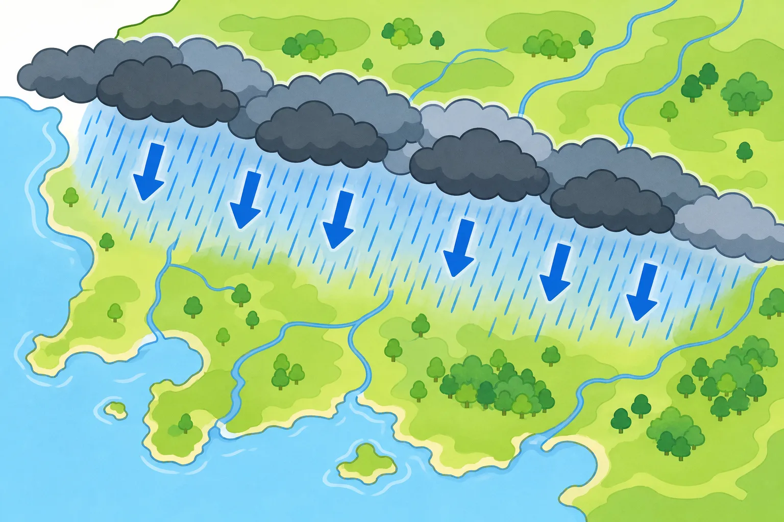 細長い地域に強い雨が集中してふる様子です。