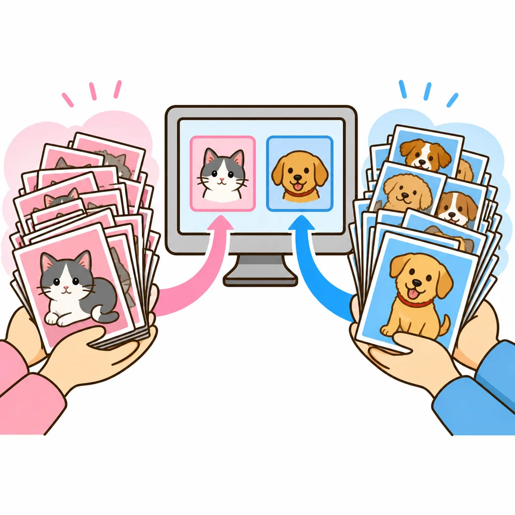 答えを つけた ネコと イヌの 写真を たくさん 見せている ところです。