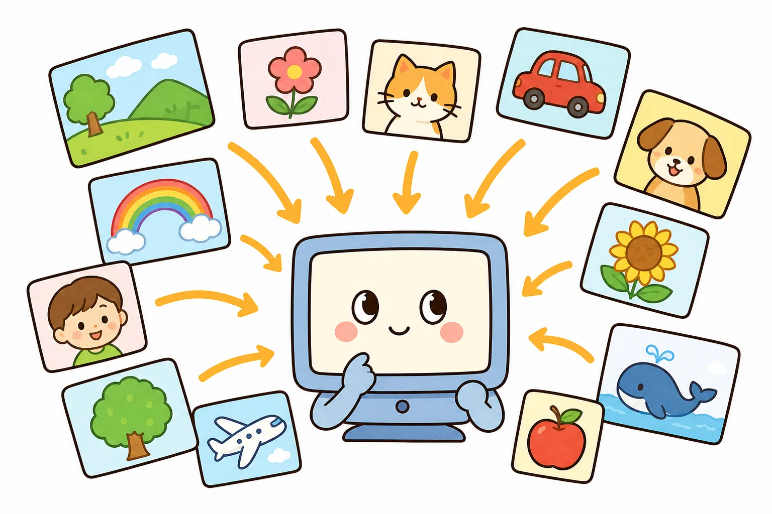 コンピューターが たくさんの 写真を 見て、だんだん かしこくなっていく イメージです。