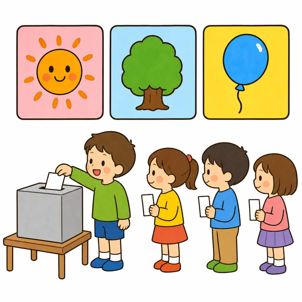 一人ずつ 紙に 書いて 投票する 場面。