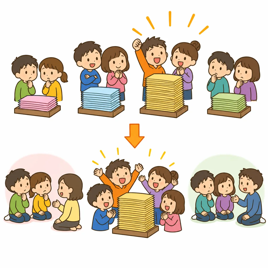 票を 数えて、いちばん 多い 案に 決まる。