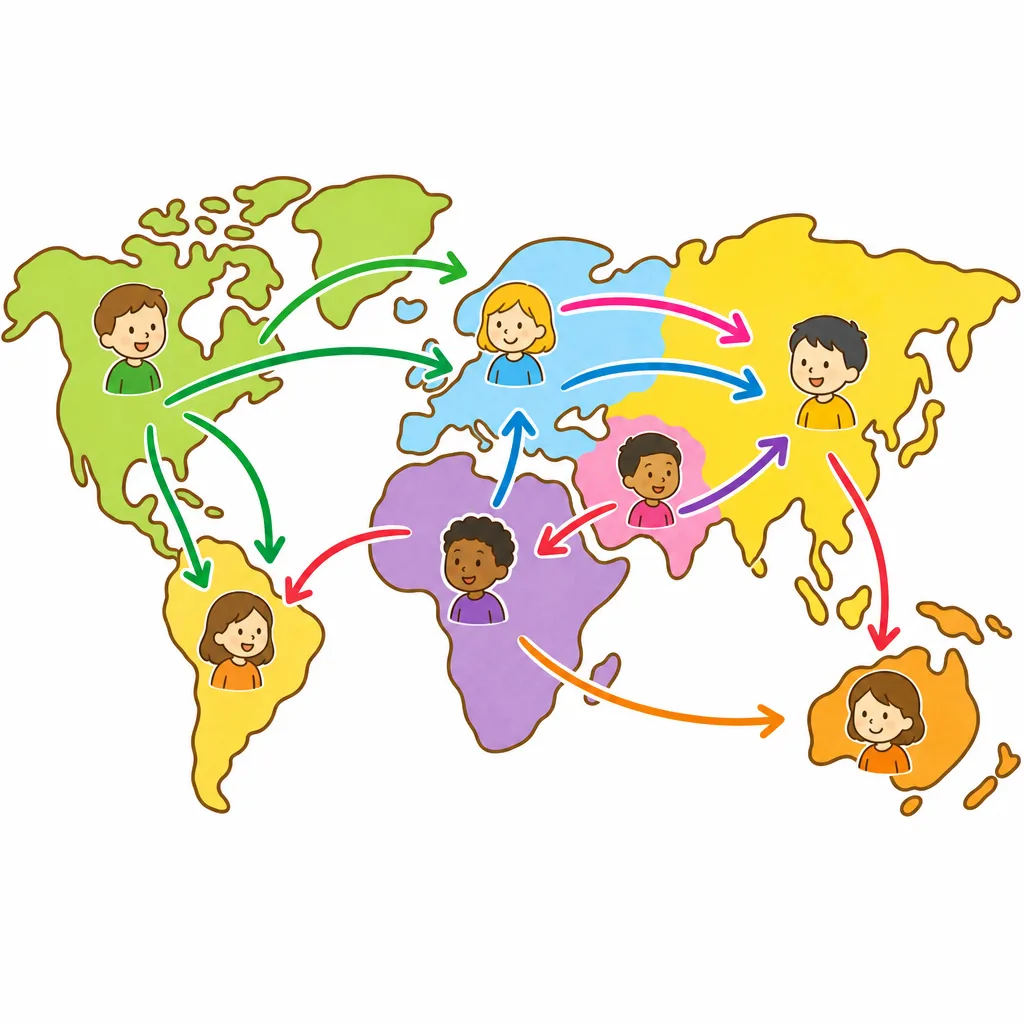 世界のあちこちで、人が 国から 国へうつりすむ 流れ。