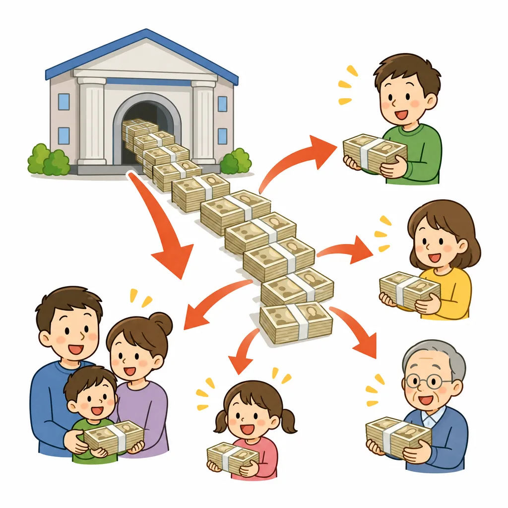 おさつは日本銀行が発行し、まちの銀行をとおしてわたしたちの手にとどきます。
