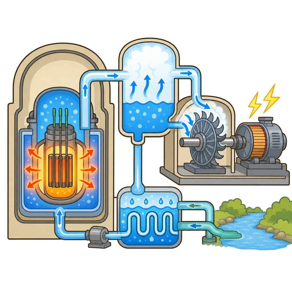 ウランの熱で水をわかし、蒸気で羽根車を回して発電します。