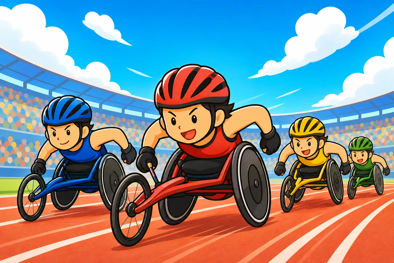 競技用の 車いすで、トラックを 走る 選手たち。