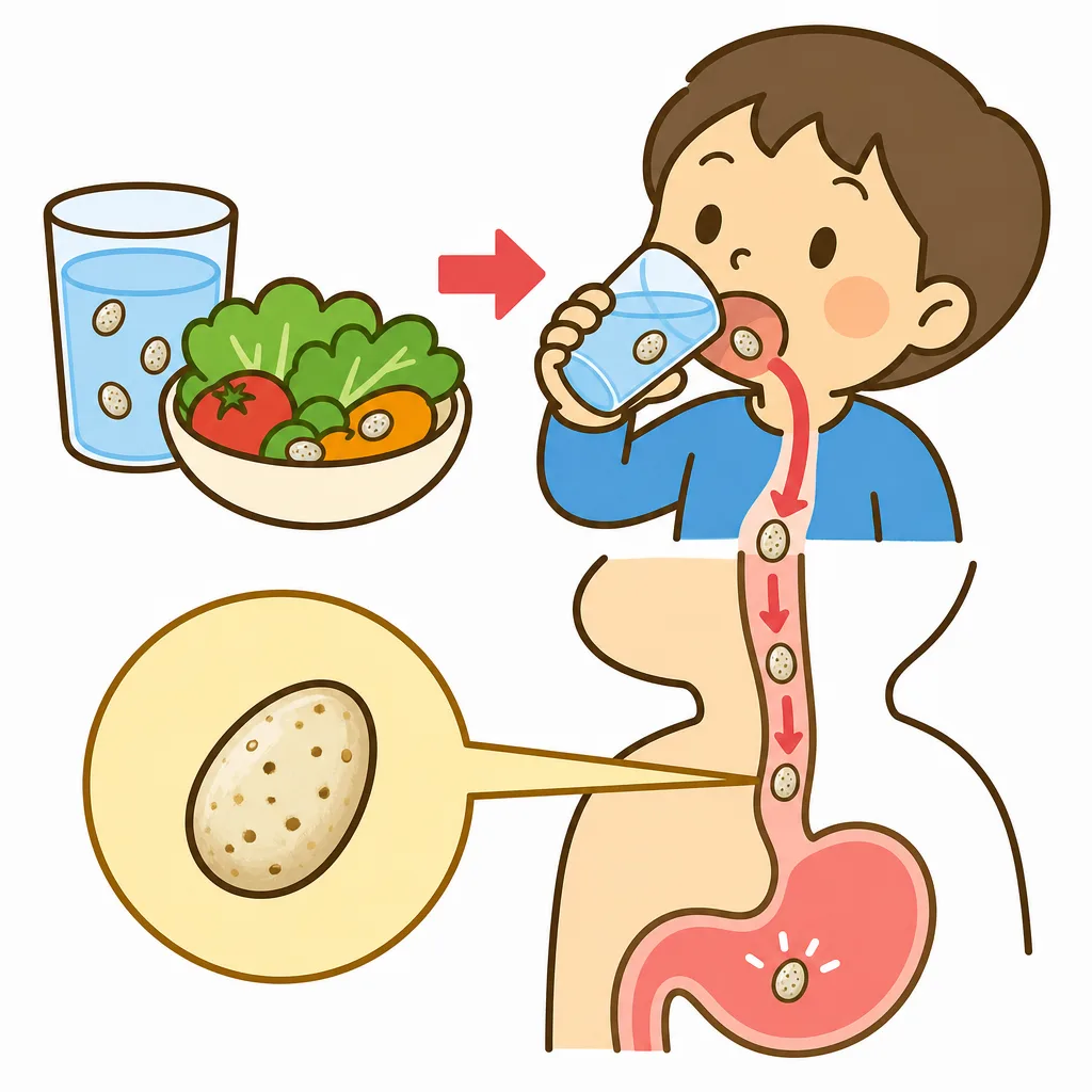 たまごが 水や 食べ 物にまじり、口から 体に 入る 流れ。