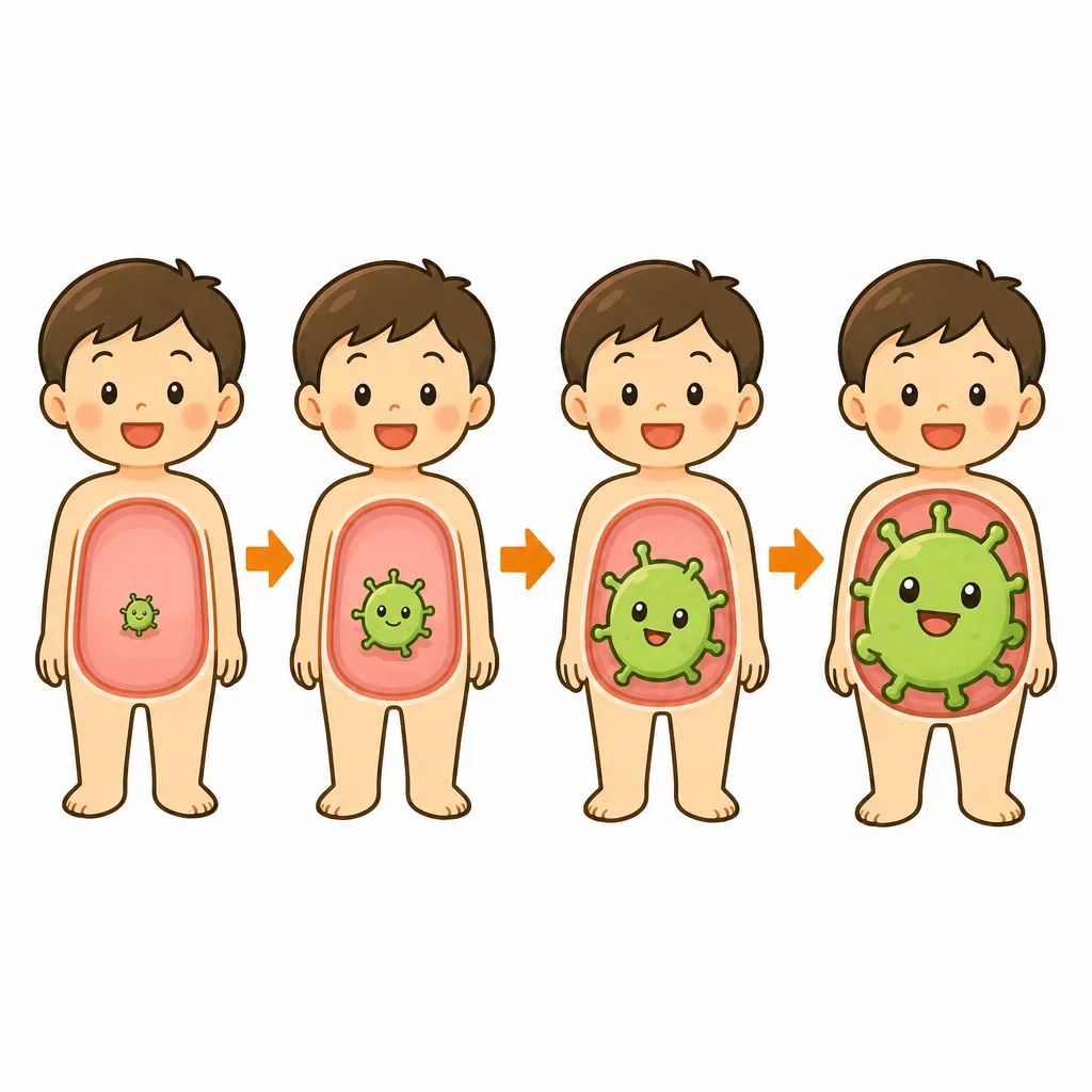 体の 中で 栄養をもらいながら 成長するようす。