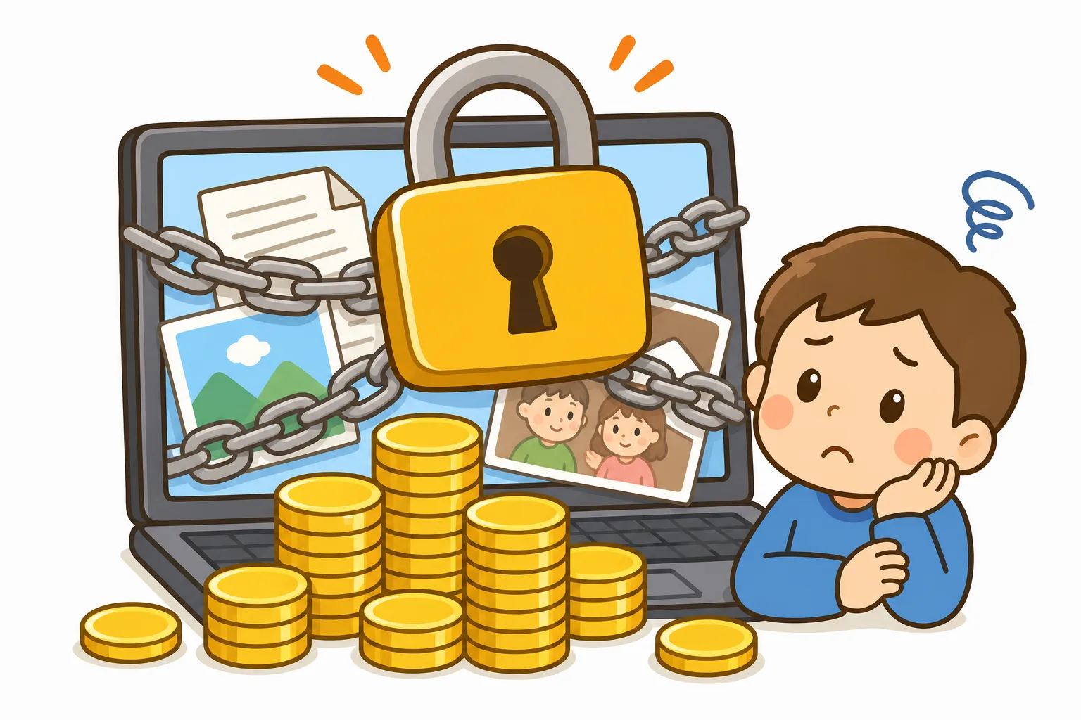 パソコンの中のデータがかぎで閉じこめられ、お金を要求されるイメージ。