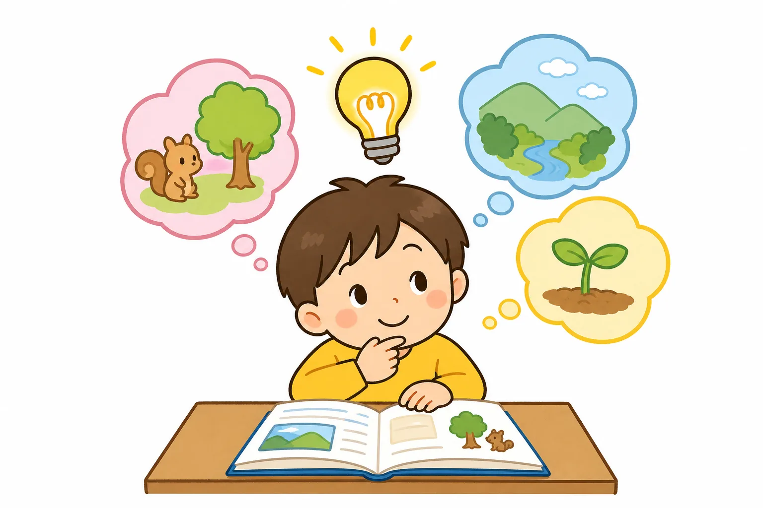 文章を 読みながら 内容を 考える 子どものようす。