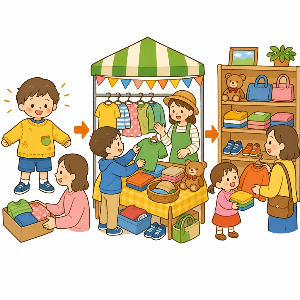 おさがりやフリーマーケットなど、みのまわりにあるリユースの例。