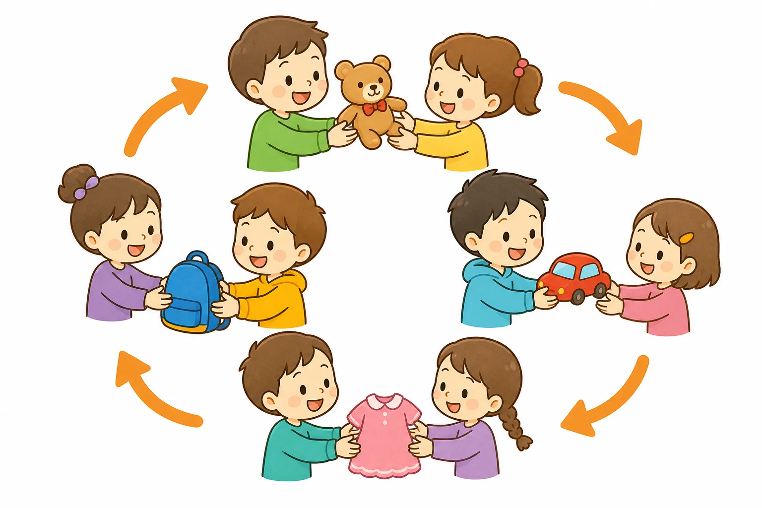 使った物が、すてられずに次の人へわたっていくようす。