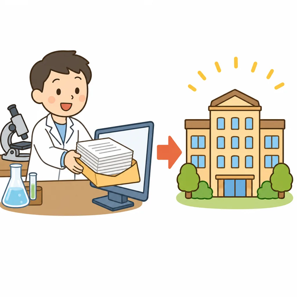 研究者が書いた論文を雑誌へ送るところ。