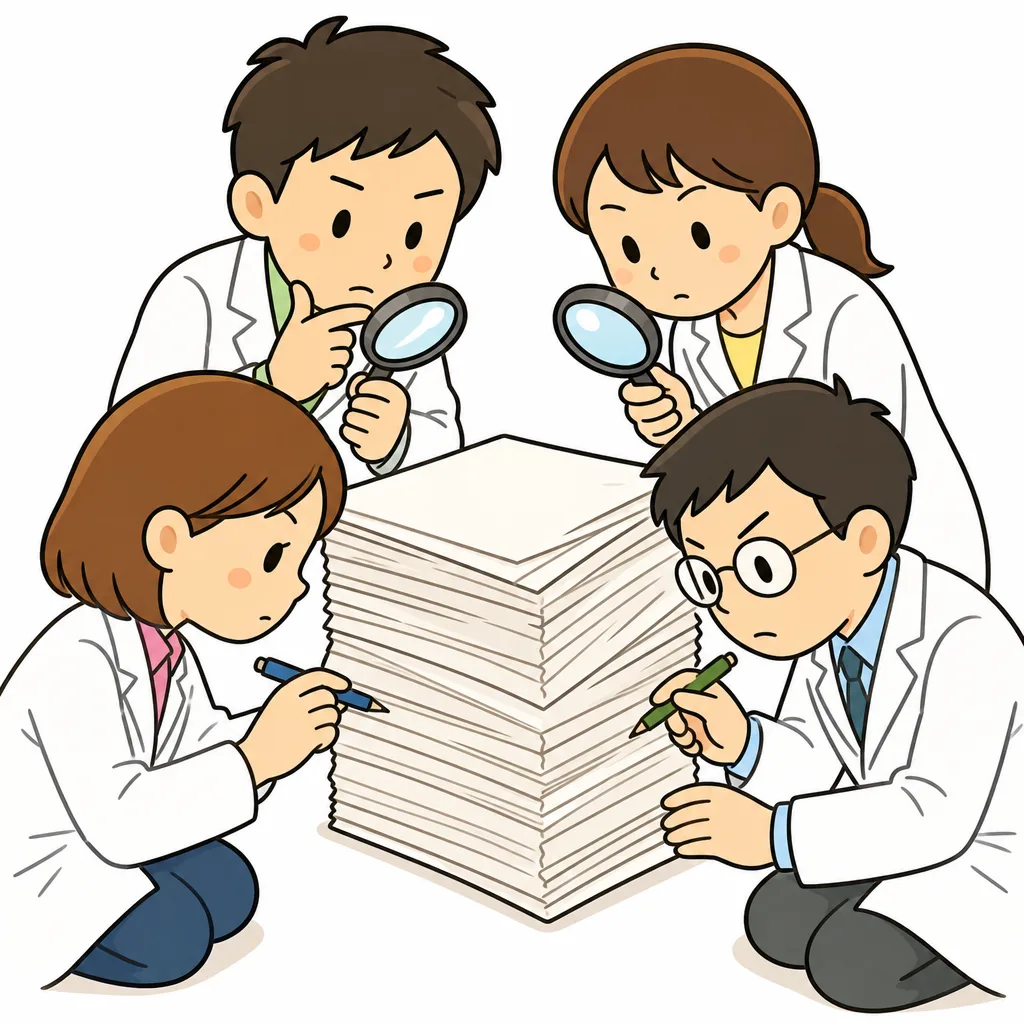 ほかの研究者が論文をきびしくチェックする「査読」のようす。