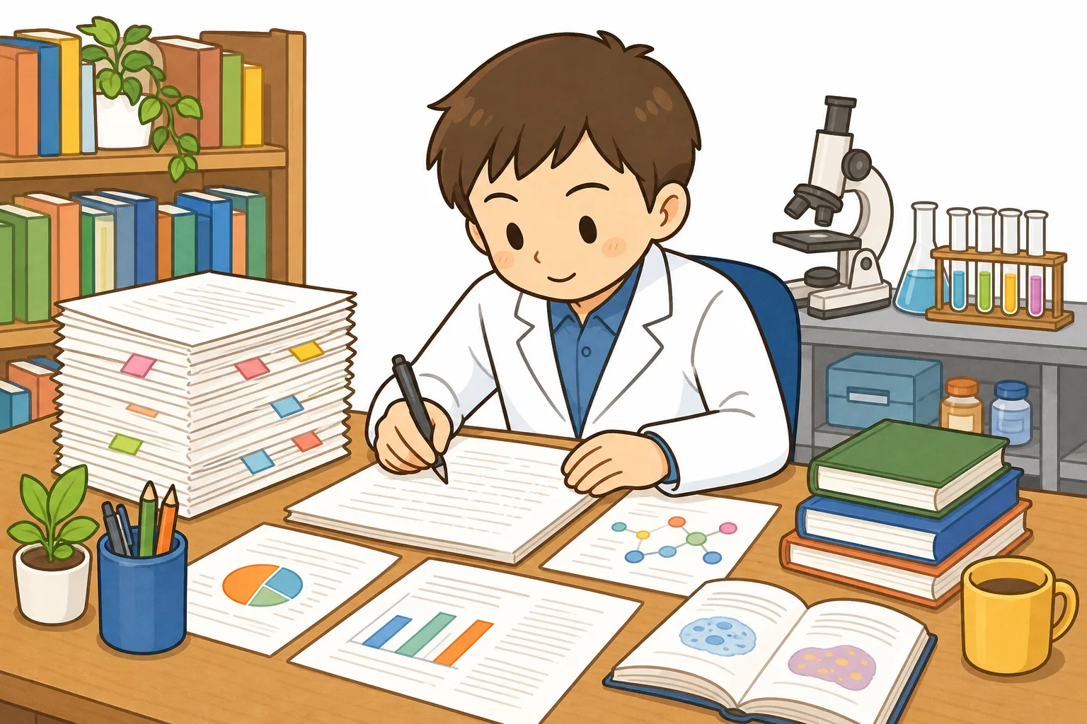 研究者が実験の結果を論文に まとめているようす。