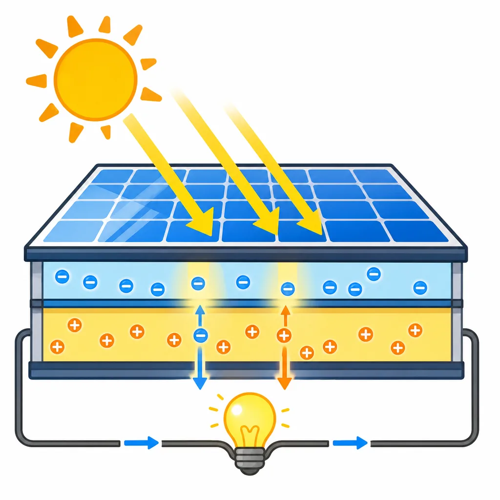 太陽光パネルが 光を うけて 電気に かえます。