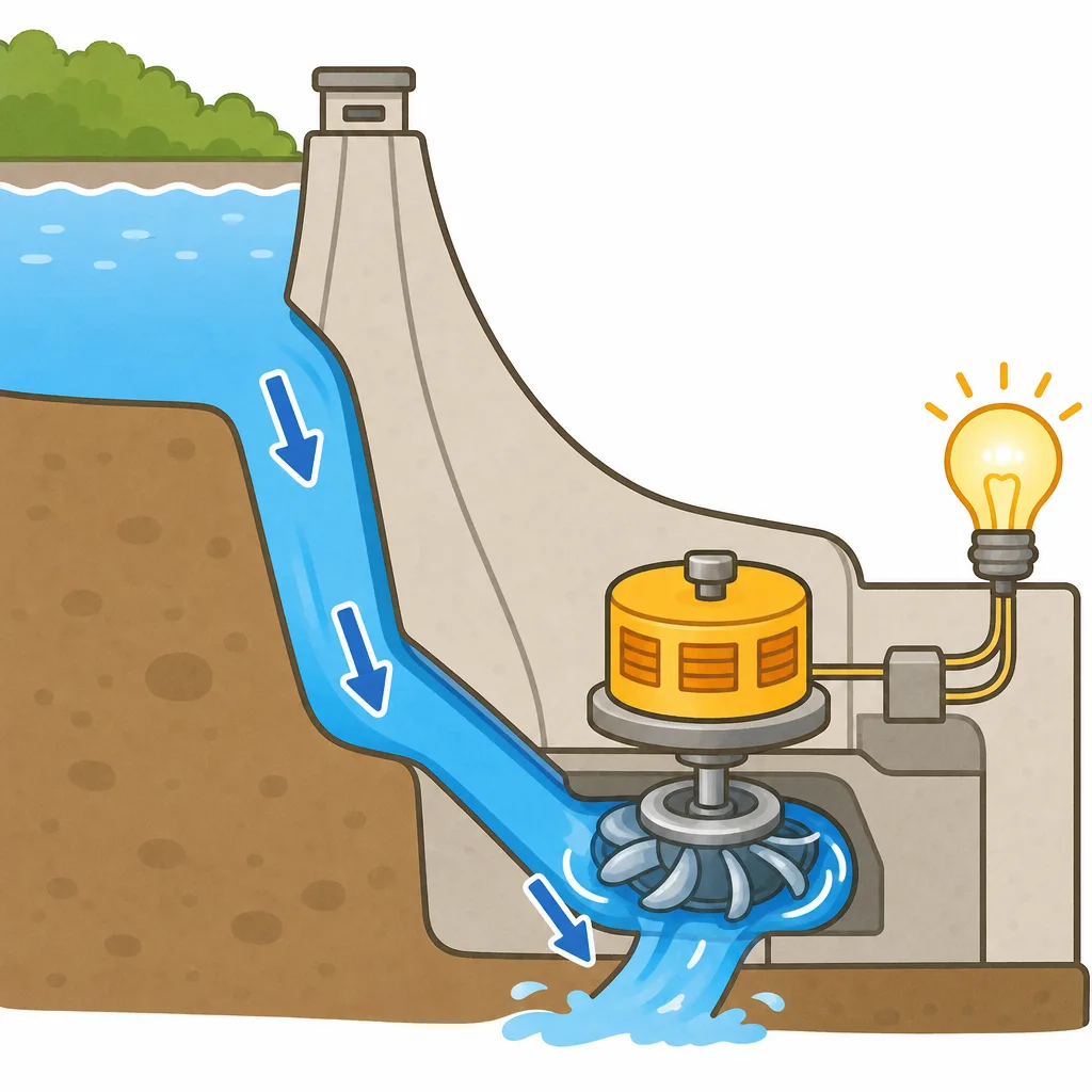 水を たかい ところから おとし、きかいを まわして 電気を つくります。