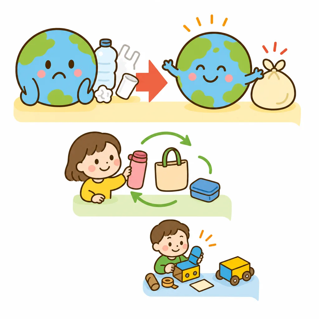 リデュース→リユース→リサイクルの順番をあらわした図。