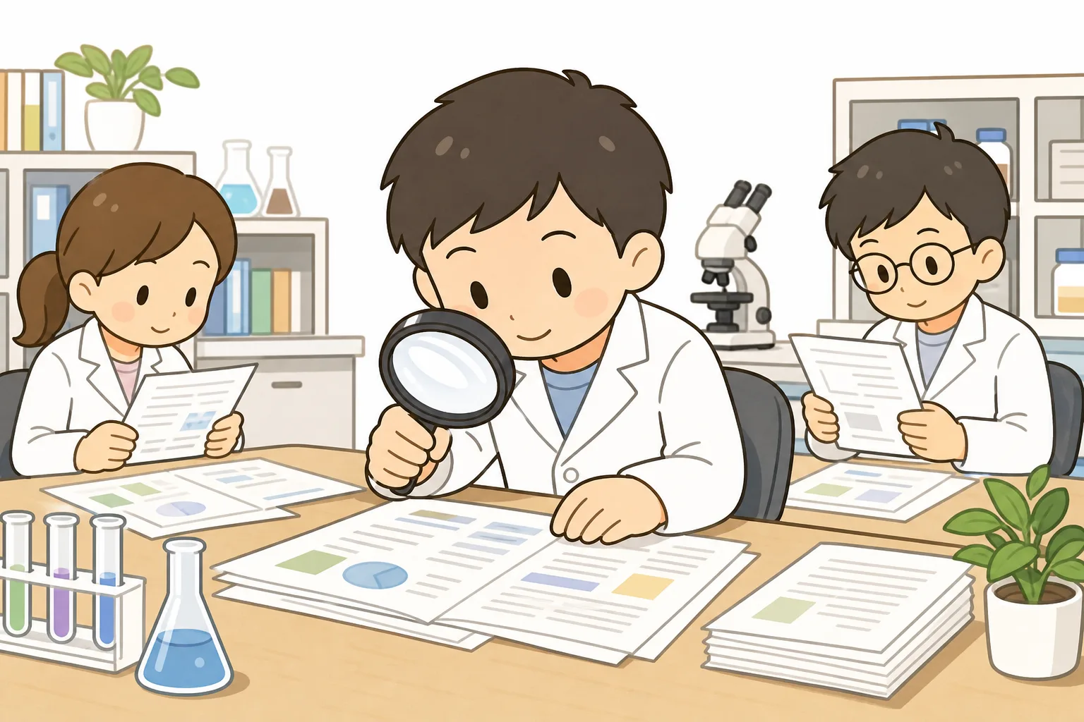書いた論文を、別の科学者がじっくり読んで確かめているようす。