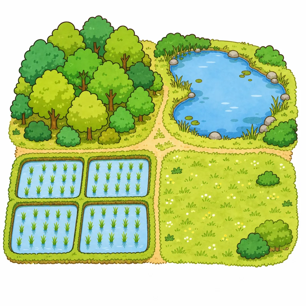 ちがう種類の場所がとなり合っているのが里山の特徴。