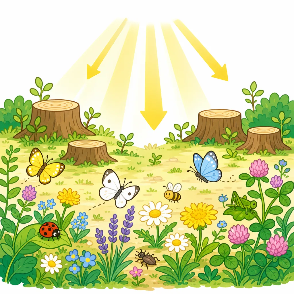 木を切ると日光が差しこみ、あかるい林に生きものがふえる。