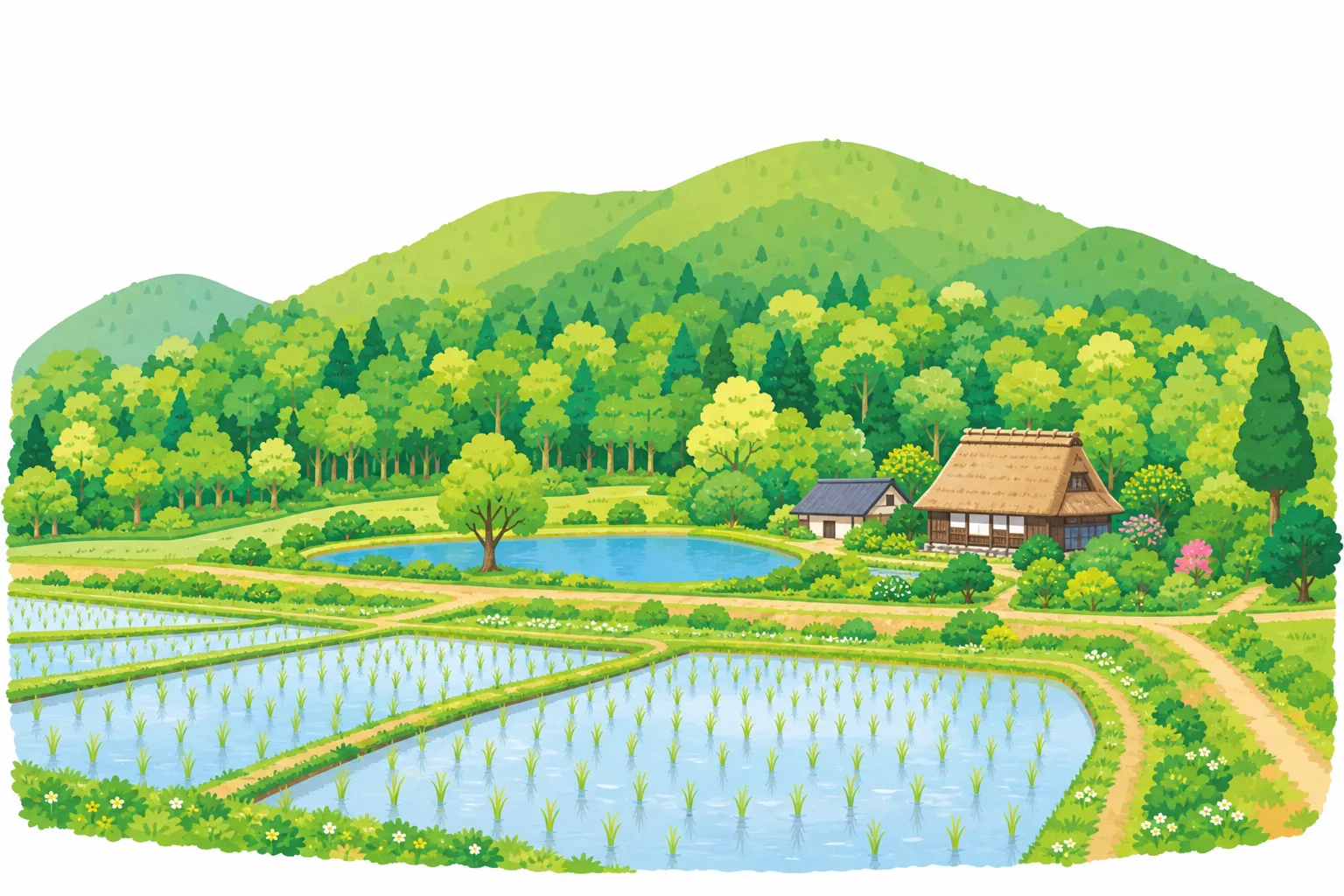 村のそばに林・田んぼ・池が広がる、里山の風景。