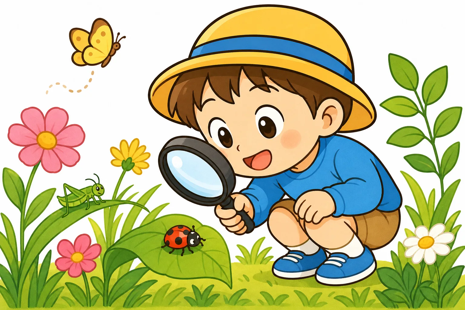 虫めがねで 草花を 観察する 子ども。「なぜ?」が 科学の はじまり。