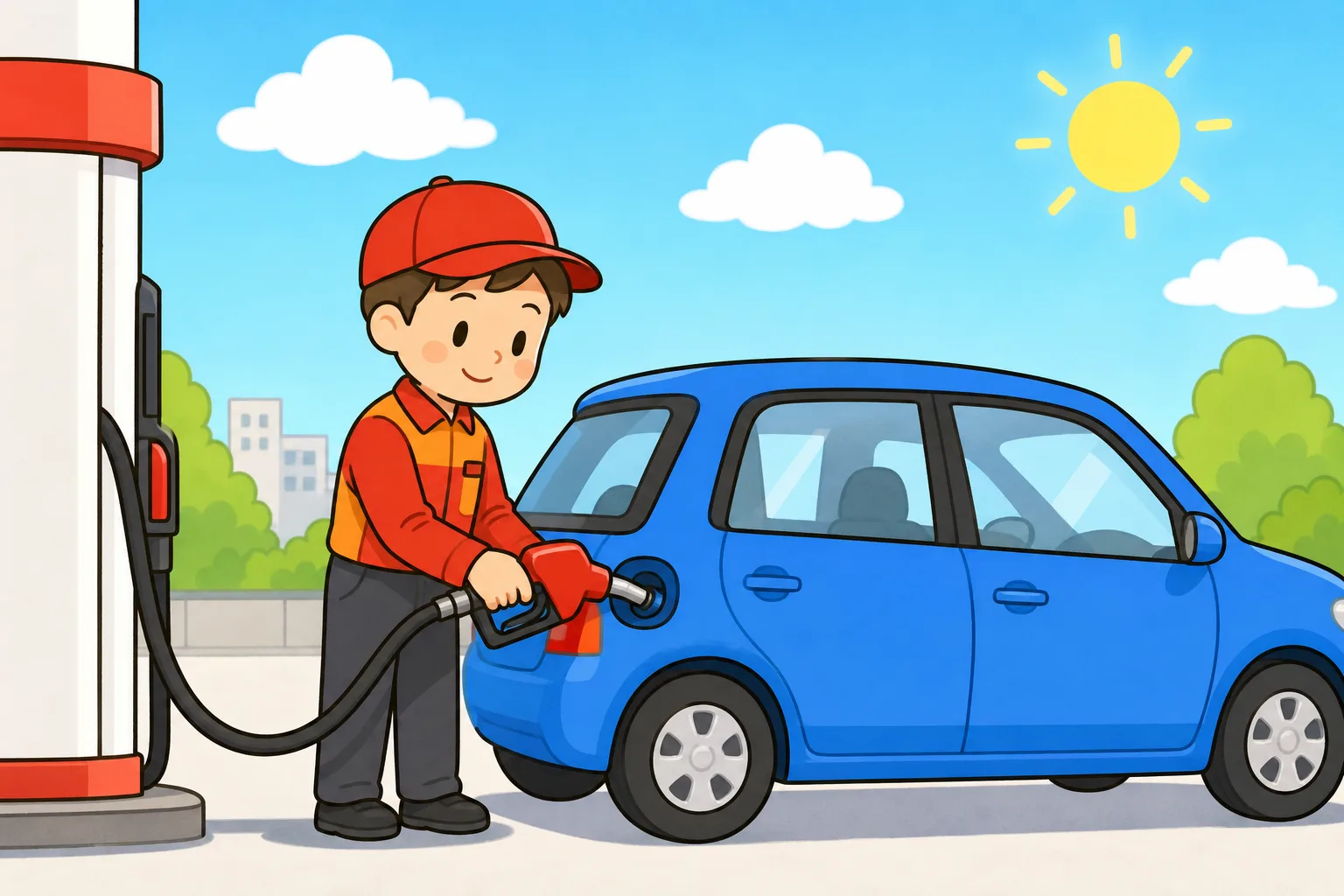 ガソリンスタンドで給油する車。この燃料も石油からつくられます。