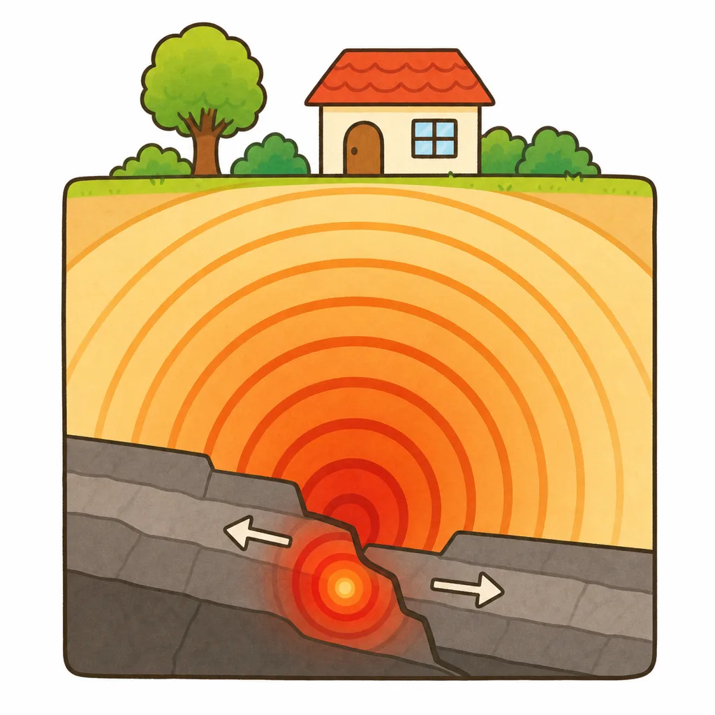 地下で岩ばんがずれ、その力が波のように地面を伝わって震度になります。