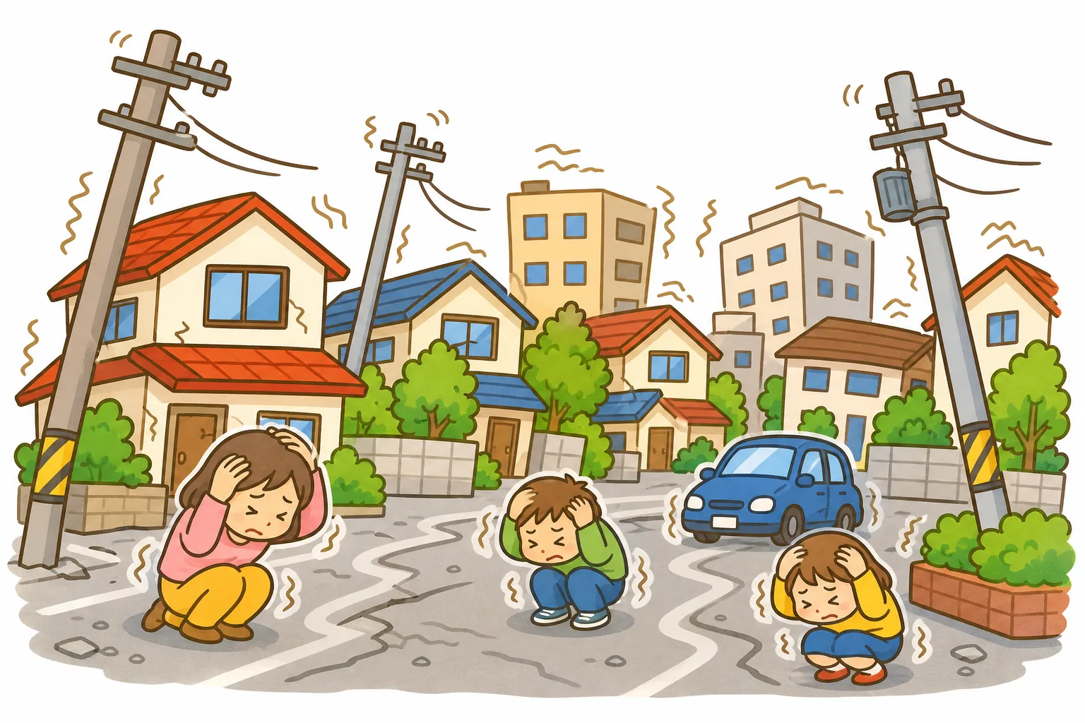地震で地面がゆれる町のようす。そのゆれの強さを表すのが震度です。