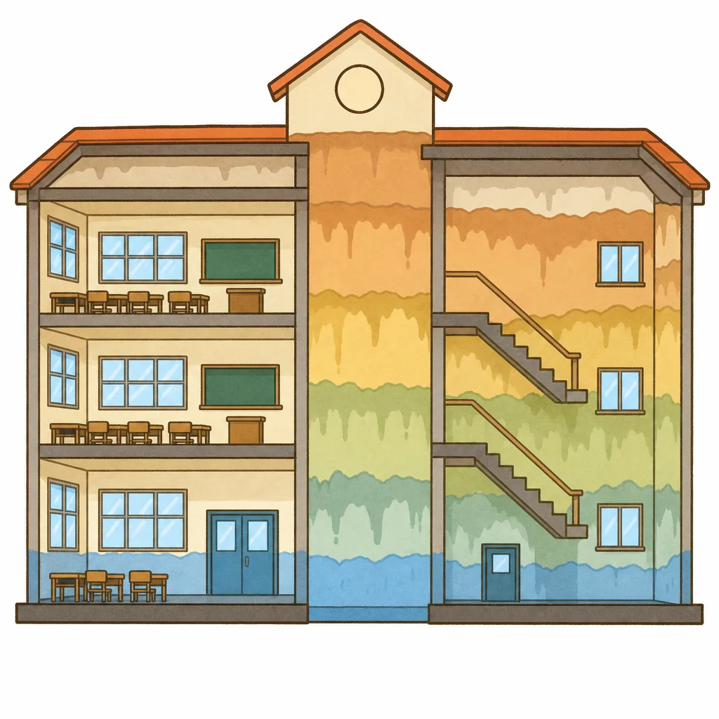 どこまで水がおしよせたかがわかる、保存された建物。