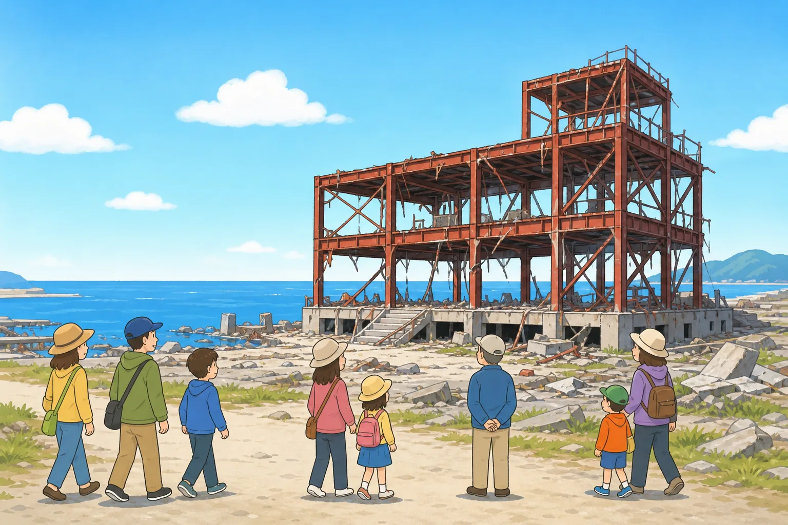 津波の被害を受けた建物と、それを見学する人びと。