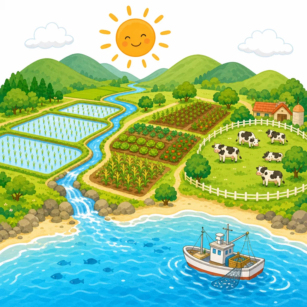 食べものの ふるさとは、田んぼ・畑・牧場・海などの しぜんの 中。