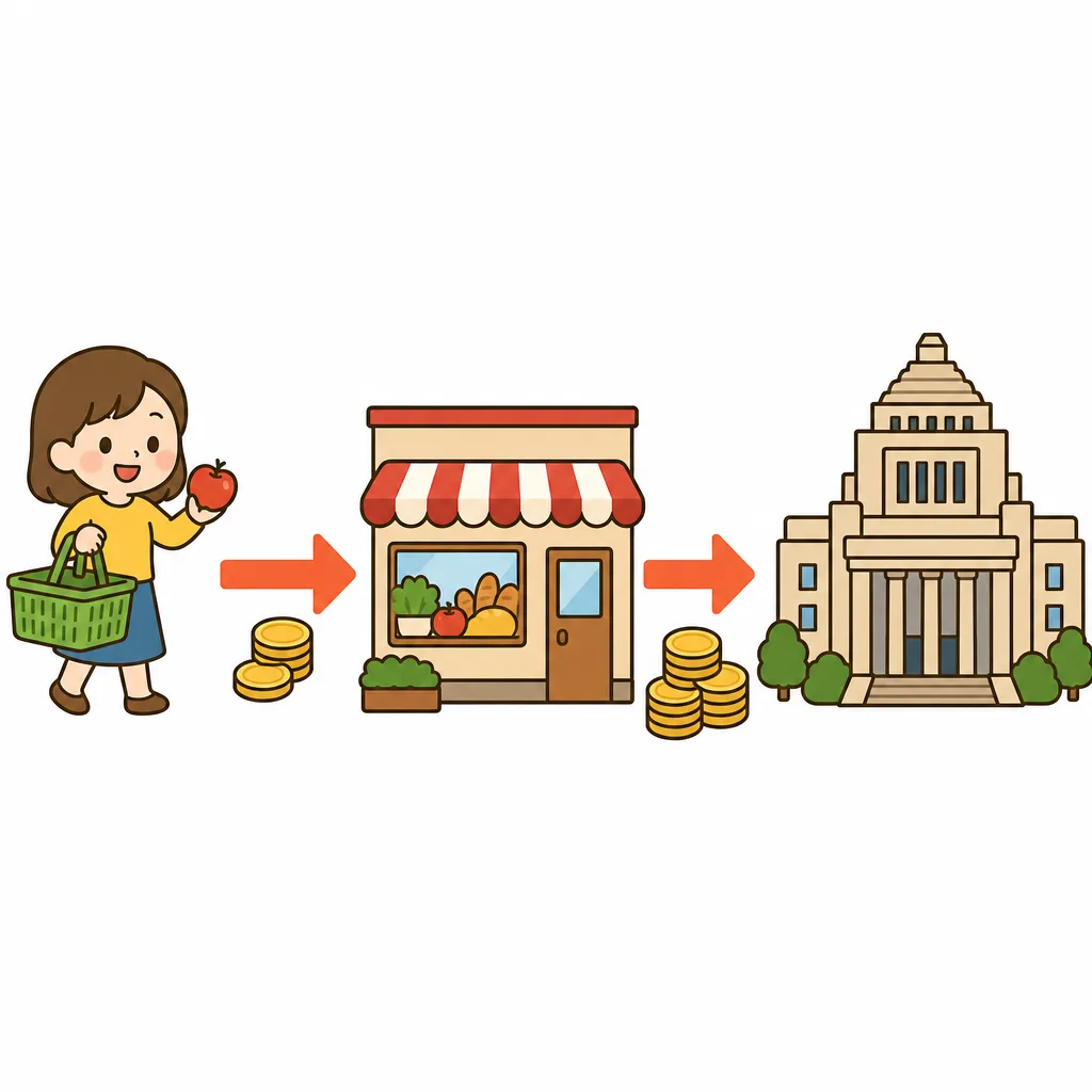 買う 人から お店、お店から 国へ お金が 流れる しくみ。