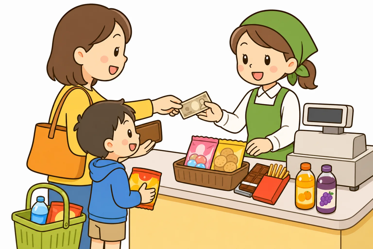 お店の レジで 買い物する ようす。ねだんに 消費税が 加わる。