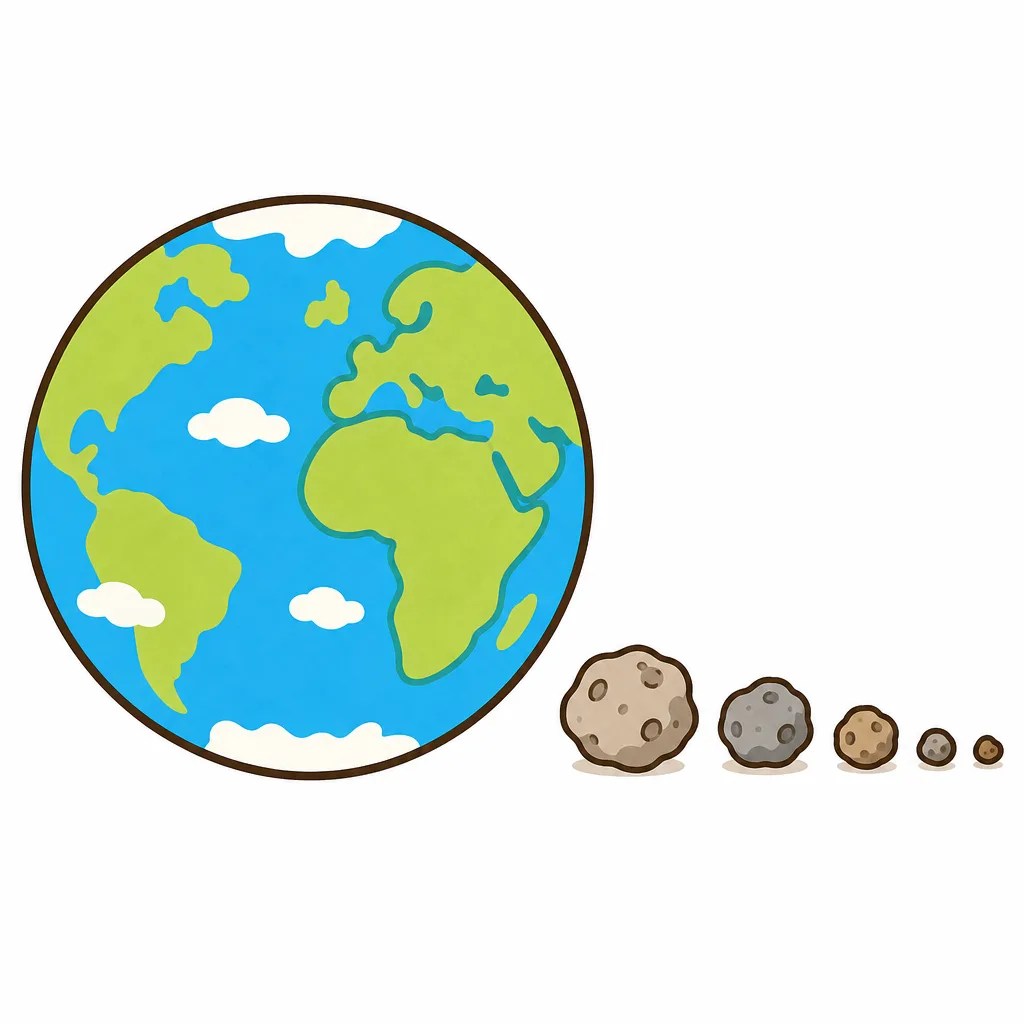 大きな地球のとなりにならぶ、小さな小惑星たち。