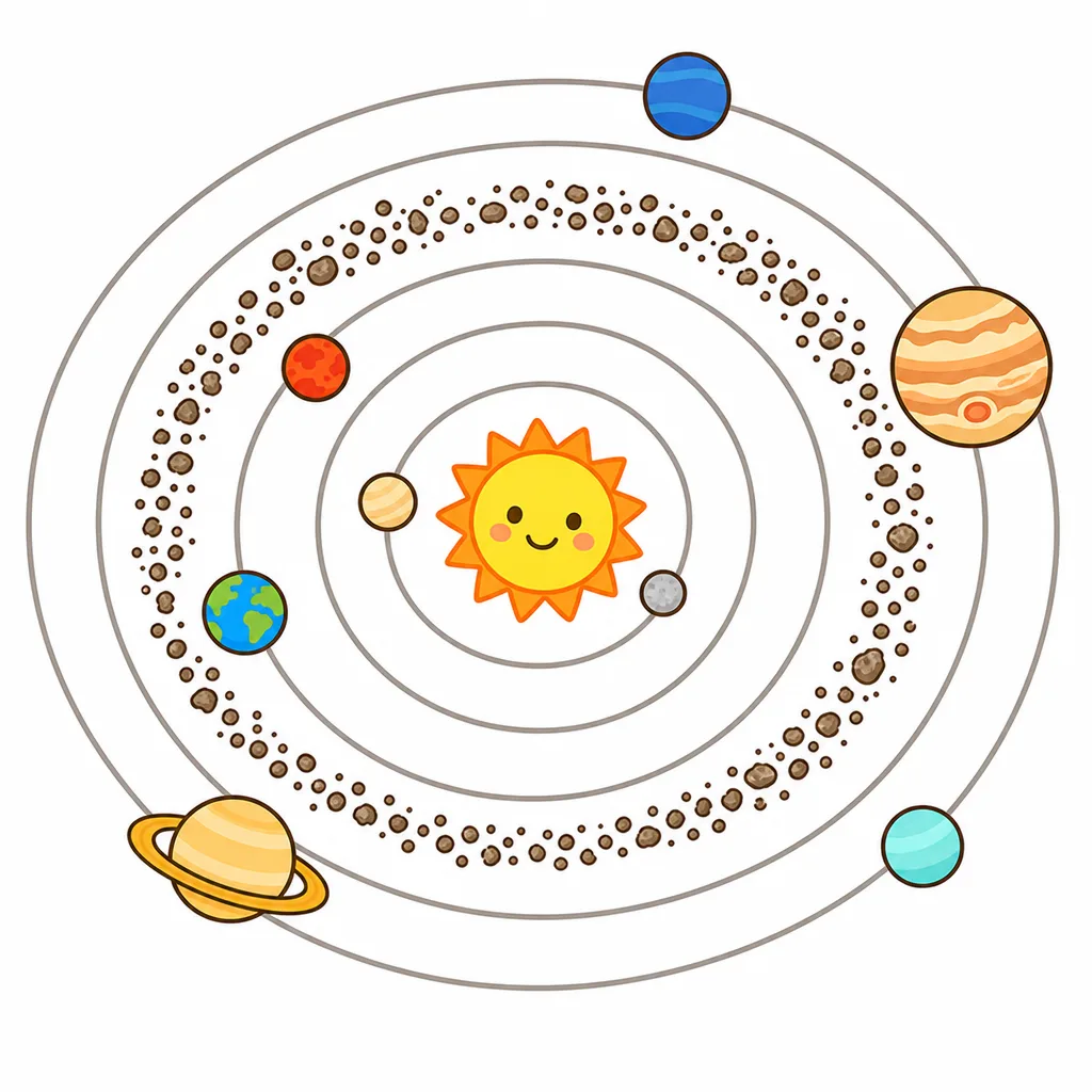 太陽のまわりの軌道と、火星と木星のあいだの小惑星帯。