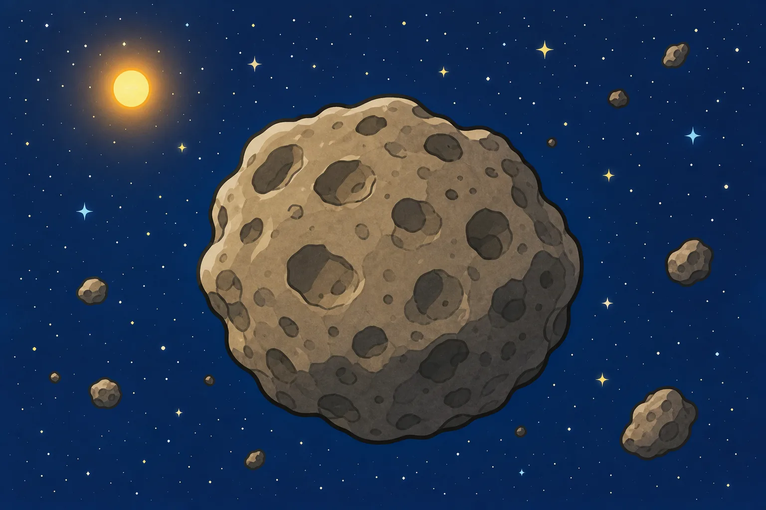 宇宙にうかぶ、岩でできた小惑星のすがた。