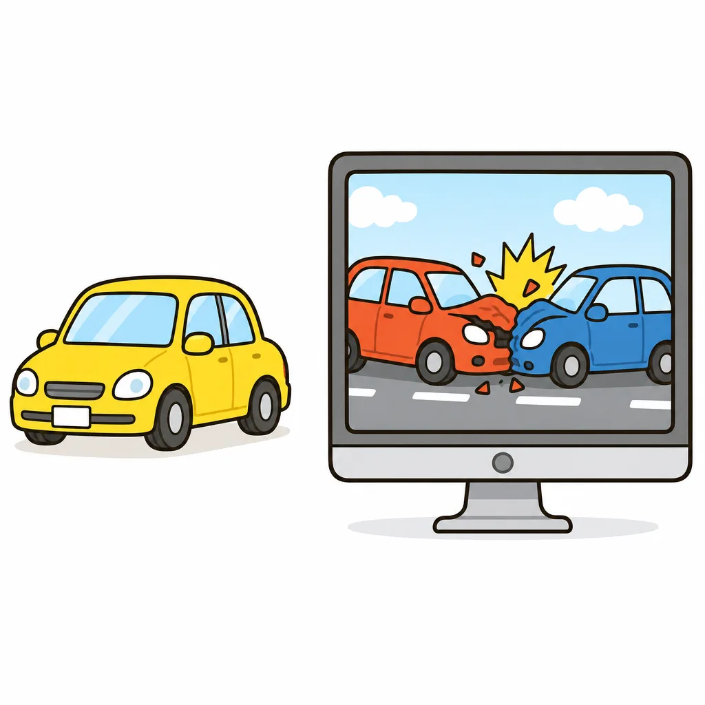 本物の車をこわさずに、コンピューターの中で衝突をためすようす。