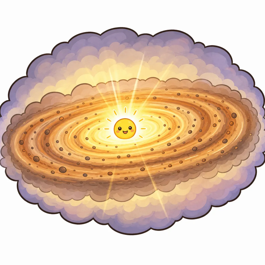 中心に ガスが 集まり、太陽が かがやきだす。